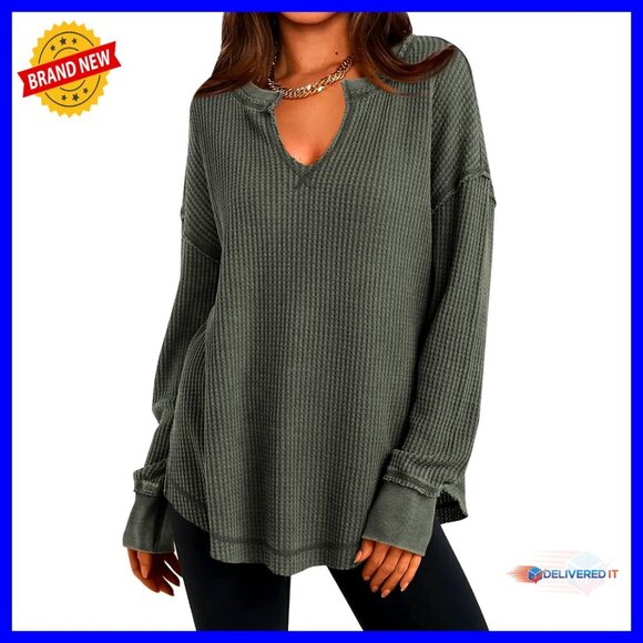 Tops - Waffle Knit Long Sleeve Tunic Top Loose Fit V-Neck Casual Dressy